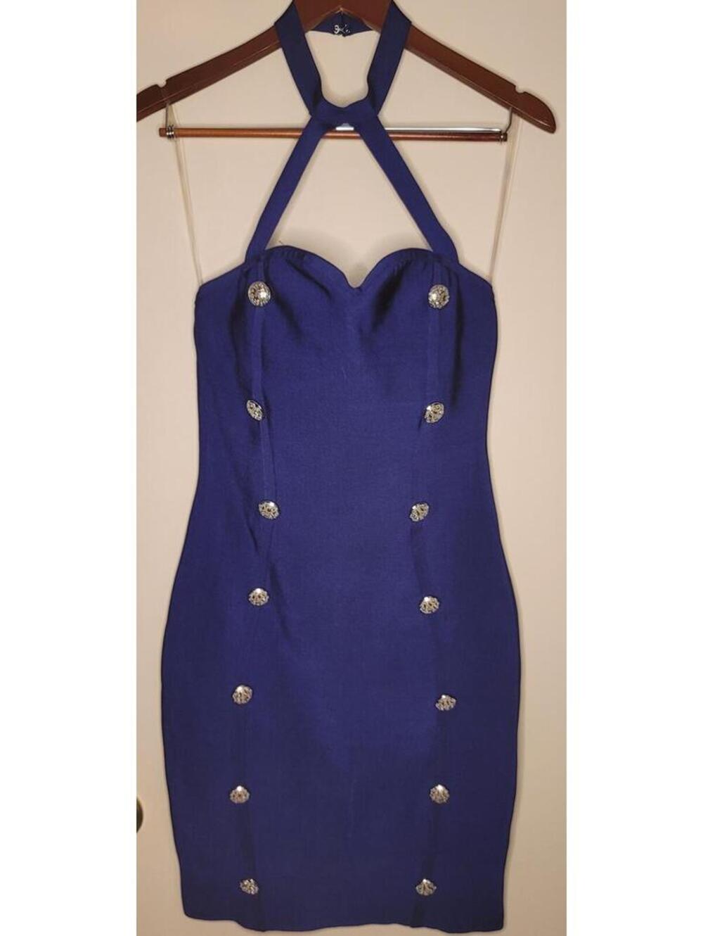 WOW Boutique Royal Blue Halter Bodycon Dress with Decorative Buttons